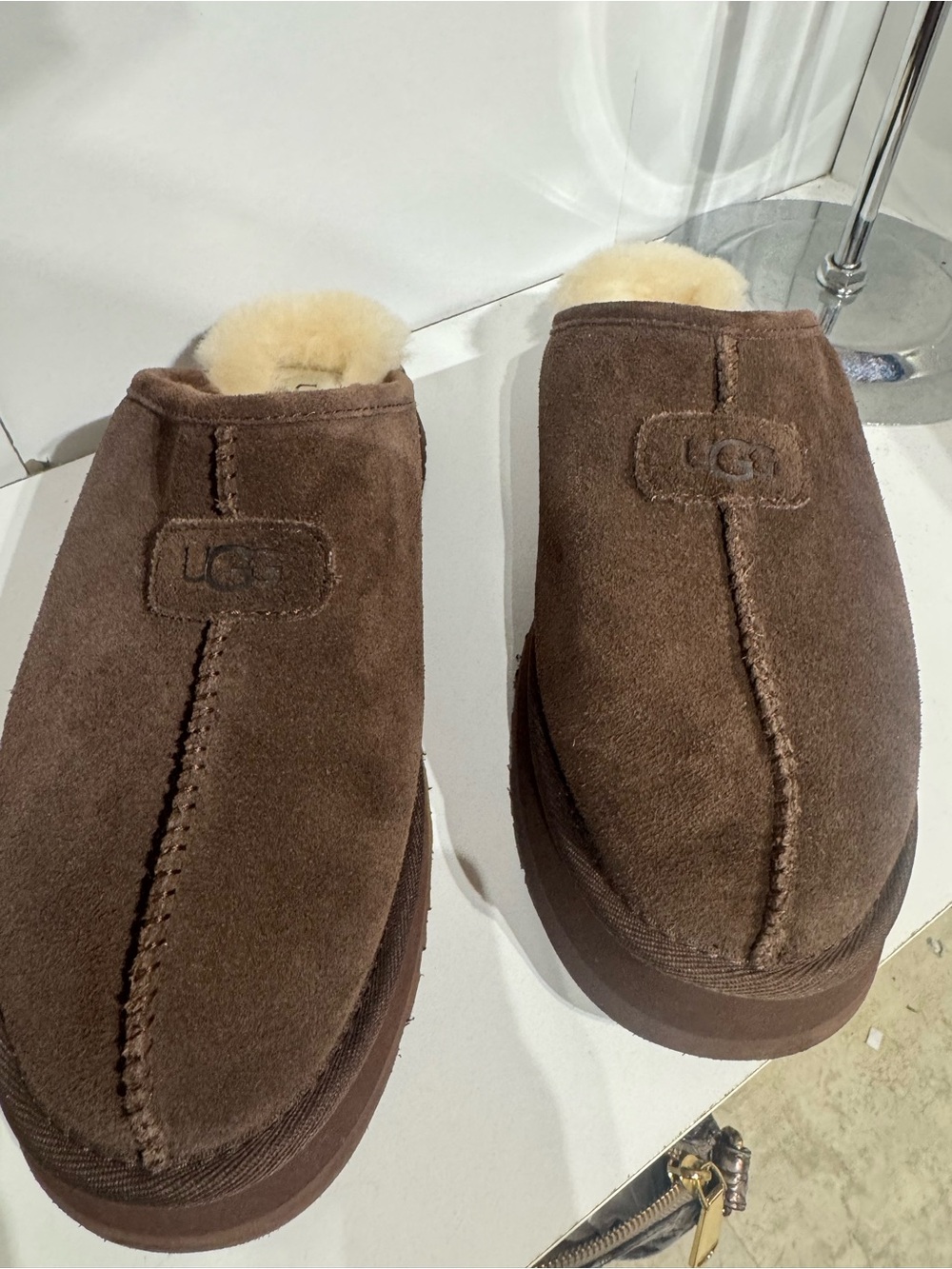 UGG women Chocolate Brown Suede Slip-On Shearling Slippers